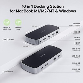 3 HDMI Triple USB C Docking Station, PULWTOP Laptop Docking Station Dual 4K Display for Macbook M1/M2/M3/Windows, Universal USB C Dock with Power Adapter, PD, 10Gbps USB C/A Data,2 USB-A 2.0, Ethernet