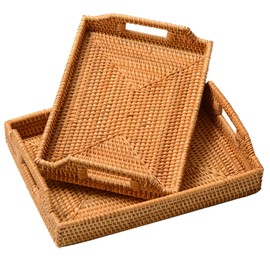 I-lan 2 Pack Rattan Rectangle Serving Basket Tray with Handle- 15"x10.6"x 2" Woven Decorative Basket Jute Tray for Table, Ottoman, Vanity, Kitchen Counter, Nature Brown, S+L