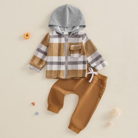 Toddler Baby Boy Fall Winter Outfits Plaid Print Long Sleeve Zipper Hoodies Sweatshirt and Drawstring Jogger Pants 2 Piece Set (Brown, 18-24 Months)