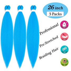 Light Blue Braiding Hair Pre Stretched Braiding Hair Extensions for Braids Long Yaki Texture Crochet Twist Box Braids Itch Free Knotless Micro Kids Prestretched Braiding Hair 26 Inch 3 Packs