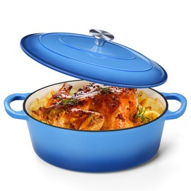 P&P CHEF 5QT Oval Dutch Oven with Lid, Blue Enameled Cast Dutch Oven Pot for Bread Baking, Braising, Stewing, Roasting, Non-Stick & Oven Safe, Dual Handles & Easy Clean