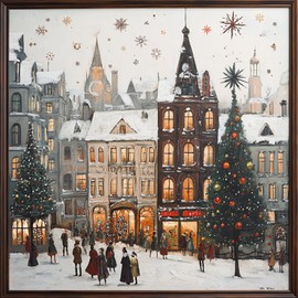 3PCS18X18In Winter Painting Wall Art, Vintage Wall Mural, Vintage Building, Christmas Tree, Snowman in Snowing Village, Peel and Stick Wall Decoration Decals, Winter Wonderland Decals for Home Wall