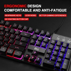 Rii RK100+ Multiple Color Rainbow LED Backlit Large Size USB Wired Mechanical Feeling Multimedia PC Gaming Keyboard,Office Keyboard for Working or Primer Gaming,Office Device