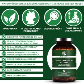 QIDOSHA QIDOSHA? S?gepalme 40:1 Extrakt Kapseln hochdosiert, 10% Phytosterole, davon 70% Beta-Sitosterol, 500mg S?gepalmenextrakt je Kapsel, 180 Stk/Glas, vegan, deutsche Fertigung, jede Charge laborgeprft
