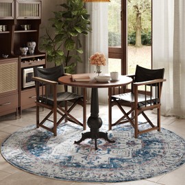 jinchan Round Rug 7ft Washable Area Rug Indoor Vintage Bedroom Floor Cover Distressed Circle Mat 7' Round Lightweight Non Slip Low Pile Thin Farmhouse Carpet for Living Room Dining Room Navy Blue