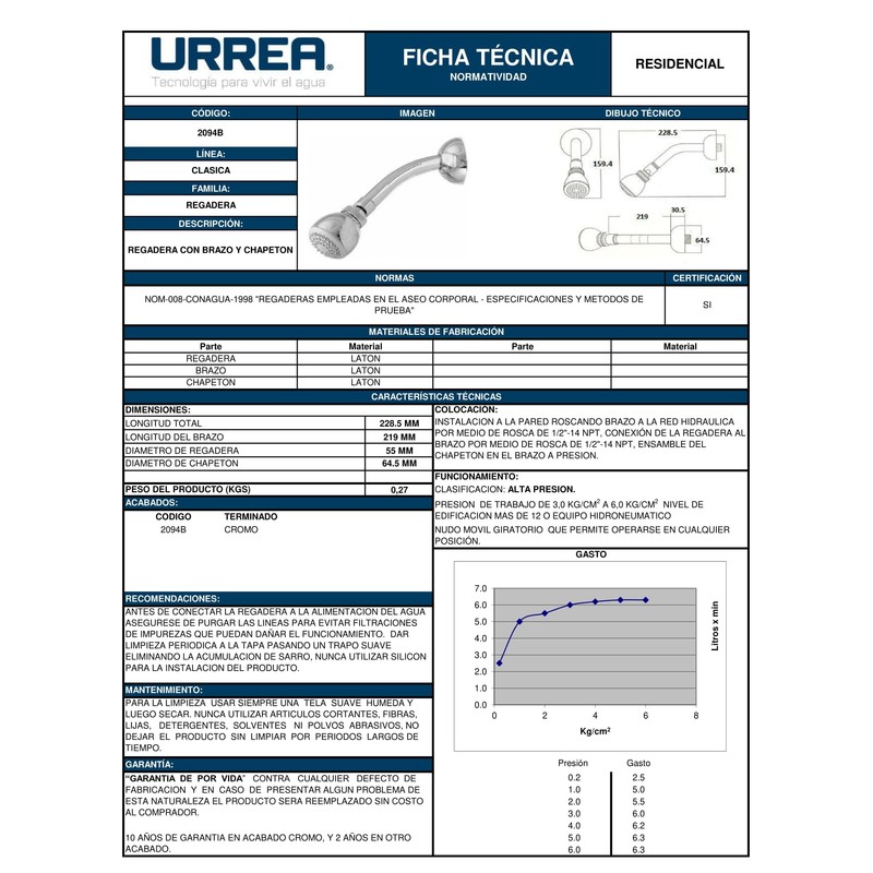 URREA 2094B Regadera “Punto” con Brazo y Chapetón