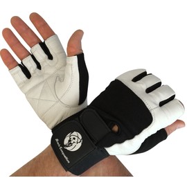 Guantes de gimnasio con soporte de muñeca para entrenamiento de gimnasio, crossfit, levantamiento de pesas, negro/blanco. Materiales de alta calidad. (Negro/Blanco, Grande)