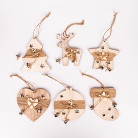 Christmas Tree Ornaments Wooden Aesthetic Hanging Decorations set of 6 pcs with Bells Xmas DIY Holiday Home Décor – Stocking, Bauble, Heart, Tree, Reindeer, Star Shape pieces(8cm)