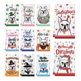 QIONG MENG 11 Pcs French Bulldog Kitchen Towels 14x21 Inch Puppy Dog Dish Towels Seasonal Valentines Day Gift Holiday Hand Towels for Home Kitchen Bathroom Decoration
