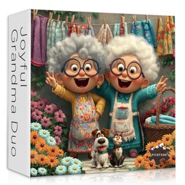 Funny Grandma Puzzle for Adults 1000 Pieces,Whimsical Grandmother Garden Scene Puzzles with Dog, Cat and Colorful Flowers, Cartoon Family Challenge Jigsaw Puzzle
