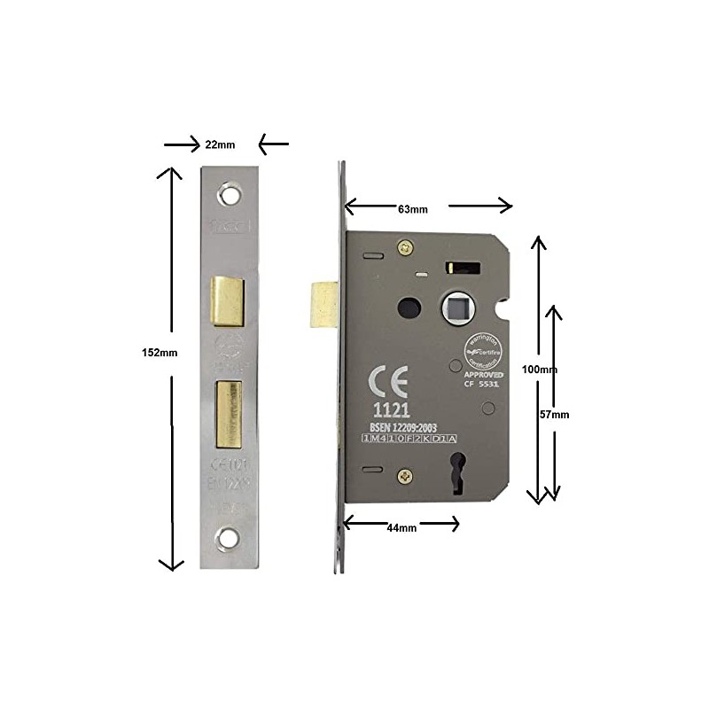 3 Lever Polished Chrome Mortice Sashlock 65mm, Door Lock with