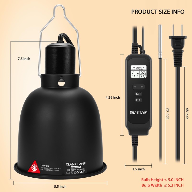 REPTITRIP 5.5" Reptile Heat Lamp Fixture with PID Dimming Thermostat,