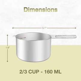 BERYLER 1PCS 2/3Cup (160ml, 5.3oz) Single Measuring Cup, Etched Inner Scale Stainless Steel Measure Scoop, Metric and US Measurement, Dishwasher Safe