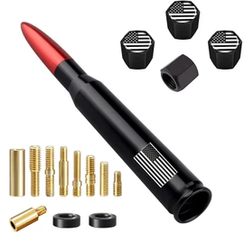 Truck Bullet Antenna with Valve Stem Caps, Mast for GM Ford F150 F250 F350 Chevy Silverado 1500 2500 3500 HD Avalanche Denali Heavy Duty Pickup Trucks Accessories (Red)