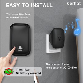 Cerhot US Plug Self Powered Wireless Doorbell No Battery 100M Distance 38 Songs Door bell Button Outdoor Doorbell Wireless Waterproof for Home School Office (US Black 1V2 A)
