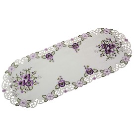 Quinnyshop Purple Pansy Embroidery Table Runner 45 x 110 cm Oval Polyester, White