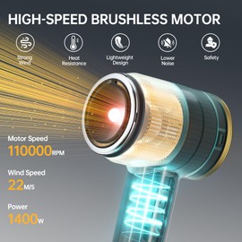 Hair Dryer New Upgrade, Negative Ionic Hair Dryer, 110000 RPM Professional High-Speed Blow Dryer, 1400W Fast Drying Lightweight Low Noise Hairdryer with Magnetic Nozzle for Home Travel Women Men,Black