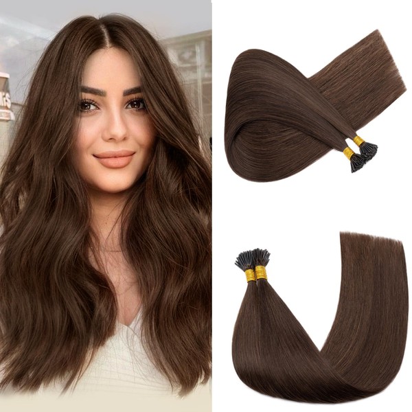 I Tip Remy Human Hair Extensions 100 Strands/Pack Pre Bonded Keratin Stick In Hair Extensions 16 Inches Cold Fusion Hair Piece Long Straight For Women 0.5g/strand #4 Medium Brown 16'' 50g
