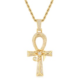 Cysnuc Eye of Horus Ankh Cross Pendant Necklace 18K White Gold Plated Iced Out CZ Bling Ancient Egyptian Religious Symbol Protection Chain Jewelry for Men Women Christmas Birthday Gift (18K)
