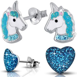 Girls’ Horse Earrings - Genuine 925 Sterling Silver & Stainless Steel Unicorn & Heart Earrings, Silver