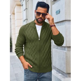 Yousify Mens Cardigan Sweater Full Zip Cable Knitted Stand Collar Cardigan Casual Long Sleeve Sweaters Army Green