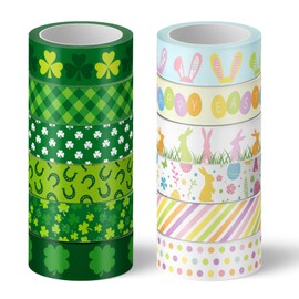 Whaline 12 Rolls St. Patrick's Day Easter Washi Tape Shamrock Clover Bunny Rabbit Decorative Masking Tape Holiday Wrapping Paper Tape for Scrapbook Journal DIY Art Crafts