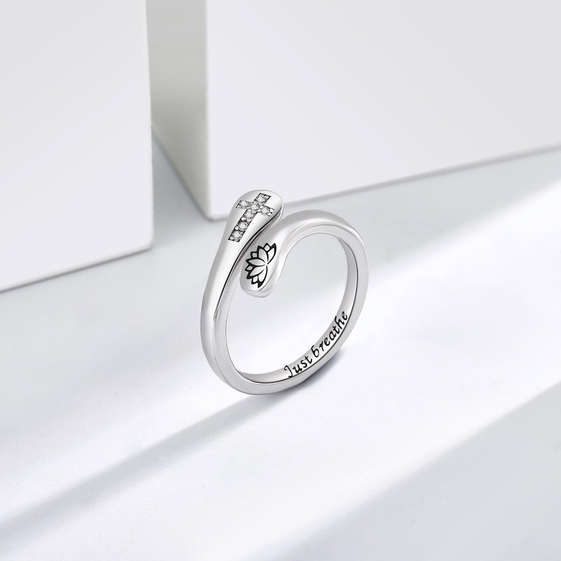 CUPENDA Just Breathe Ring Sterling Silver Lotus Cross Just Breathe