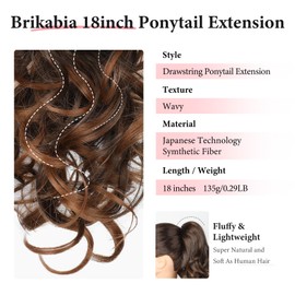 Brikabia Ponytail Extension, 18 inch Curly Drawstring Ponytail Hair Extension, Natural Synthetic Fake Pony Tails Hair Extensions Clip in Hairpiece for Women, Dark Copper