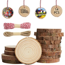 HOTUT Wooden Discs, Pack of 14 Wooden Log Discs 7-8 cm, Tree Discs Without Hole with 2 Rolls of Cord, Round Natural Wood Disc for DIY Crafts, Coasters, Christmas Decoration
