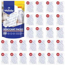 Wallaby 5 gram (250 Packets) Food Safe Pure White Silica Gel Desiccant Dehumidifier Packs - Rechargeable & Coated Moisture Absorbers - Protects Against Moisture Damage - (Packed in 50x Sets of 5)