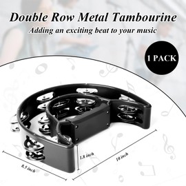 Tambourine Double Row Metal Jingles Half Moon Musical Instruments Tamborines for Adults Hand Held Percussion for Party, Church (Black)