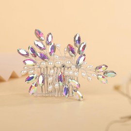Teyglen Ab Color Rhinestone Wedding Hair Comb Bridal Pearl Crystal Hair Comb Hair Accessories for Bride Headpiece Hair Piece for Women (Ab color)