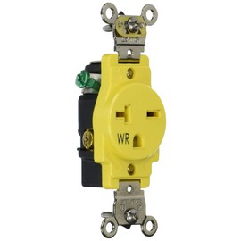 Leviton W5461-Y Single Receptacle Outlet, Weather-Resistant, 20 Amp, 250 Volt, Heavy-Duty Industrial Specification Grade, Back or Side Wire, Self-Grounding, Yellow