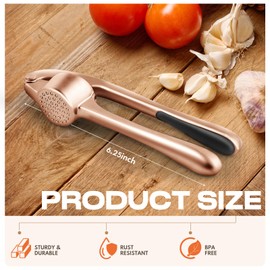 Kitchen Garlic Press Stainless Steel, Premium Rust Proof & Dishwasher Safe Garlic Mincer, Durable Garlic Crusher Set with Peeler＆Brush, Easy to Clean and Squeeze, Copper