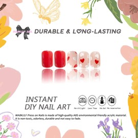 Valentines Press on Nails Short Square Red Fake Nails Full Cover White Red Heart False Nails with Designs Glossy Glue on Nails Cute Acrylic Stick on Nails Manicure Artificial Nails for Women Girls