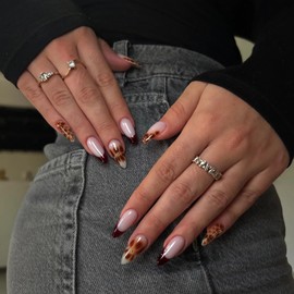 BABALAL Press on Nails Almond Medium Fake Nails Brown French Tip Glue on Nails Flower Coquette Acrylic Nails 24Pcs Fall Stick on Nails Manicure Gel Artificial Nails