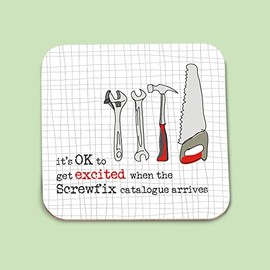 Funny Excited by Screwfix Catalogue Coaster – Matt Finished Cork Backed Coaster