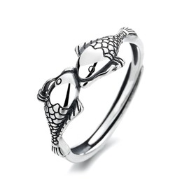 Zeshimb Cute Fish Ring Small Lucky Koi Ring Adjustable Open Wrap Pisces Ring Lovely Double Fish Index Finger Ring Vintage Brocade Fish Statement Ring Ocean Jewelry for Women