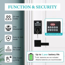 Keyless Entry Door Lock with 2 Handles, Electronic Keypad Deadbolt Front Door Lock Set, Auto-Locking, Anti-Peeping Password, Easy Installation, Matte Black