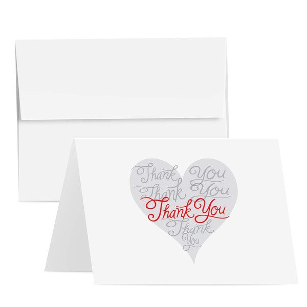 Thank You Greeting Cards & Envelopes, Beautiful & Romantic Love Hearts Greetings for Husband, Wife, Boyfriend or Girlfriend | 80lb Cover – Pre-scored | 5" x 7" (A7 Size) | 25 Cards & 25 Envelopes