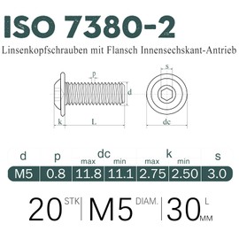 MeHurr M5 Screws Pack of 20 Rounded Head Screws Stainless Steel Screws A2 V2A 304 Rust-Proof, M5 x 30 mm Hexagon Socket (ISK) Screws with Flange, Machine Screws ISO7380-2, Fully Threaded Screw