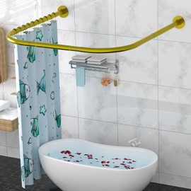 Tanxih U Shower Curtain Rod Adjustable Stainless Steel U Shaped Rack Drill Free Install for Bathroom, Bathtub, Clothing Store (U Shaped Gold, Length on both sides:31.5"-47",Middle width:34.7"-43")