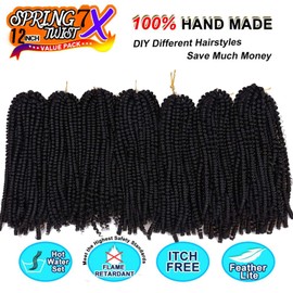 7 Packs Spring Twist Braiding Hair Spring Twists Bomb Twist Hair Synthetic Fiber Fluffy Twist Crochet Braids Low Temperature Fiber Crochet Hair for Black Women Braiding Hair(12inch,1B)