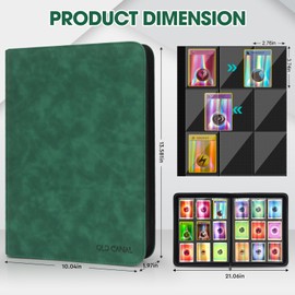 Old Canal Trading Card Album, Card Scrapbook with 9 Compartments for up to 540 Cards, Portable Zip Binder, Card Binder for MTG, TCG, Baseball Cards, Football Cards (Dark Green)