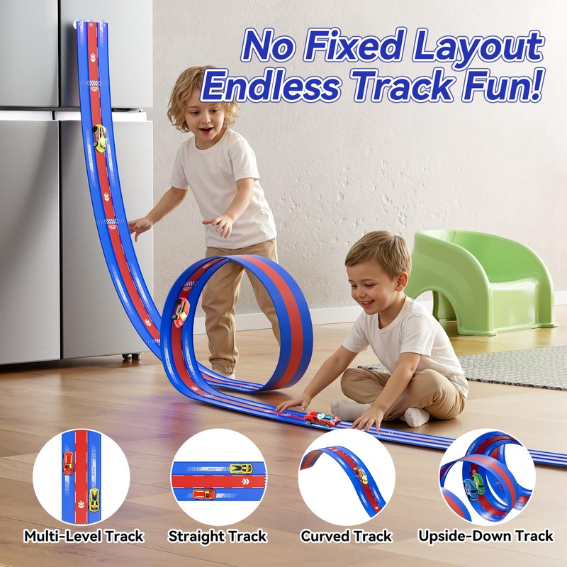 Oppvoci 3-Lane Flexible Race Track, Bendable Car Track Playset Toy