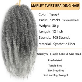 7 Packs Marley Twist Braiding Hair 12 Inch Marley Twist Hair Long T Gray Marley Hair for Faux Locs 105 Strands Afro Twist Hair Extensions (T gray#, 12INCH(pack of 7))