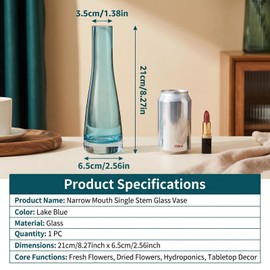 21CM/8.3Inch Blue Glass Single Stem Vase Bud Flower Vase Slim Floral Vase Centerpiece for Wedding Party Home and Office Decor