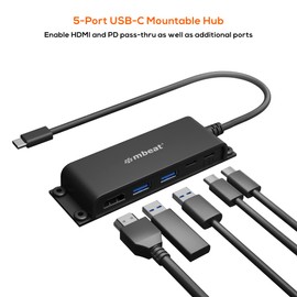 mbeat® Mountable 5-Port USB-C Hub, 4K HDMI HD Display, 60W PD Pass-Through Charging, 2 x USB 3.0 Ports, 2 x USB-C Ports, Smart Mountable Design with Screws and Hook and Loop Strip Tape