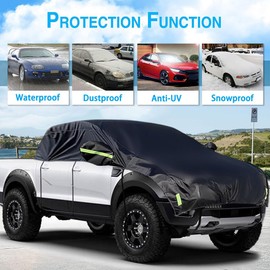 Konnfeir Half Car Cover All Weather Car Body Cover for All Season Sunshade Cover Snow Cover Waterproof 210D Polyester with Cotton (Fit Small and Medium Size Pickup (Crew Cab))