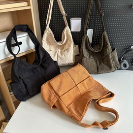 GOQUFOY Large Corduroy Tote Bag for Women with Zipper,Slouchy Hobo Crossbody Bags Cute White Shoulder Bag Men Roomy Casual College Book Cross Body Bag Purses and Handbags with Pockets Travel Everyday